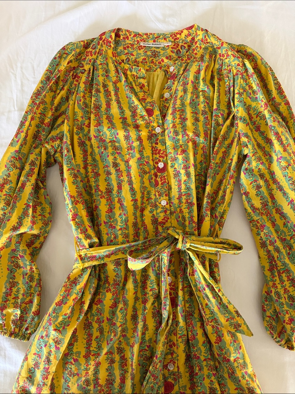 Roller Rabbit Yellow Floral Stripe Long-Sleeve Button Dress